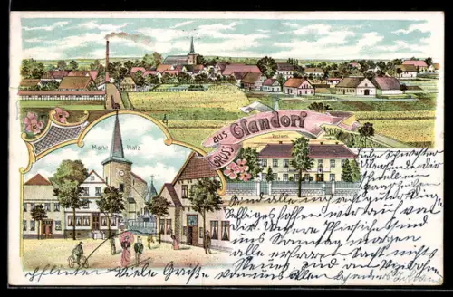 Lithographie Glandorf, Postamt, Marktplatz und Totalansicht