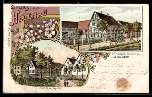 Lithographie Hegenau, Gasthaus und Ziegelei von M. Belschenr, Ortspartie