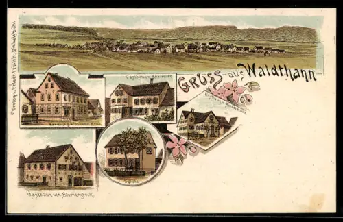 Lithographie Waldthann, Gasthaus von Horlacher, Gasthaus von Blumenstock, Handlung Johann Keith, Gasthaus Hintermaier