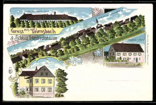 Lithographie Triensbach, Schloss Erkenbrechtshausen, Gasthaus zum Engel, Schule