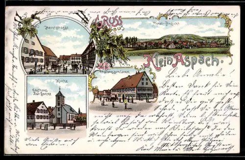 Lithographie Klein Aspach, Gasthaus zur Sonne, Gasthaus zum Lamm, Hauptstrasse, Kirche