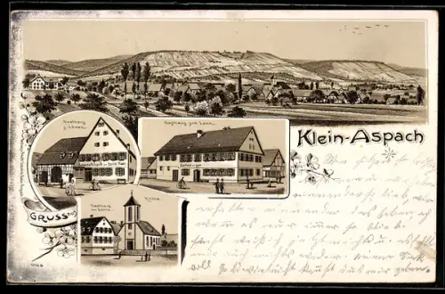 Lithographie Klein-Aspach / Backnang, Gasthaus zur onne, Kirche, Schulhaus, Rathaus, Totalansicht