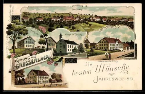 Lithographie Grosserlach, Kirche mit Pfarrhaus, Schulhaus, Arbeiterkolonie Erlach