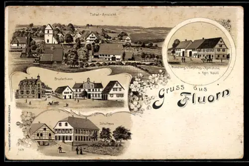 Lithographie Fluorn, Totalansicht, Gasthaus z. Rathstube v. Karl Hoeni, Bruderhaus & Schule