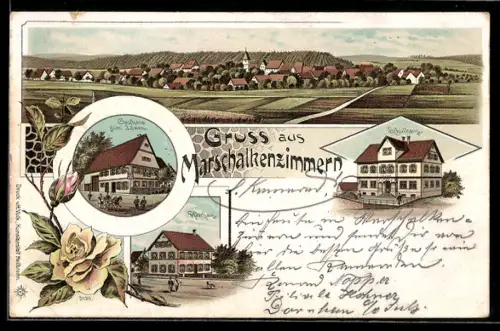 Lithographie Marschalkenzimmern, Gasthaus zum Löwen, Schulhaus, Pfarrhaus