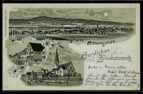 Mondschein-Lithographie Althengstett, Kirche, Rathaus und Totalansicht