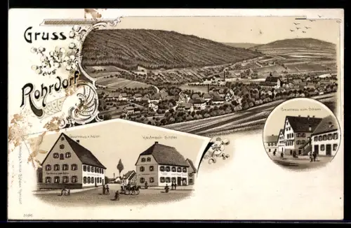 Lithographie Rohrdorf, Gasthaus z. Adler u. z. Ochsen, Kaufmann E. Sitzler