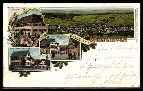 Lithographie Gültlingen, Gasthaus zum Hirsch, Neues Schulhaus, Rathaus und Gasthaus Krone