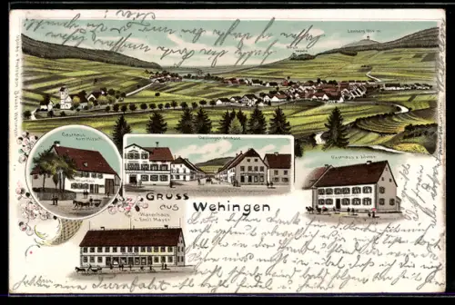 Lithographie Wehingen, Gasthaus zum Hirsch, Warenhaus von Emil Mayer, Deilinger Strasse, Gasthaus zum Löwen
