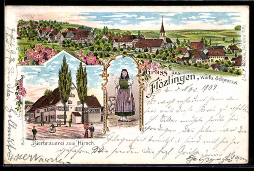 Lithographie Flözlingen /Schwarzwald, Bierbrauerei zum Hirsch, Dame in Tracht, Totalansicht