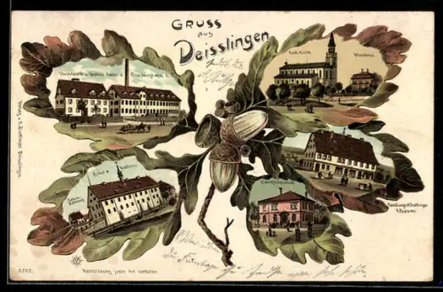 Passepartout-Lithographie Deisslingen, Geschäft Duttlinger, Uhrenfabrik Thomas Haller und Gebr. Junghans A. G.