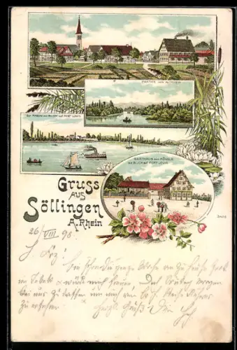 Lithographie Söllingen a. Rhein, Gasthaus zum Rössle, Blick auf Fort Louis