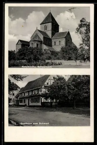 AK Schwarzach, Abteikirche und Gasthaus zum Schwert