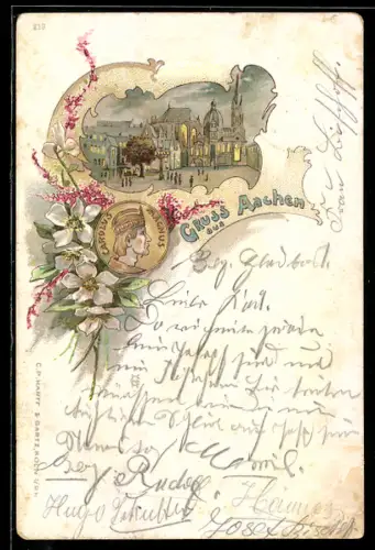 Lithographie Aachen, Stadtpartie mit Kirche, Portrait von Karl dem Grossen im Profil