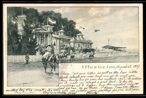 Künstler-AK H. Junker: Tribüne und Jockeys auf Pferden