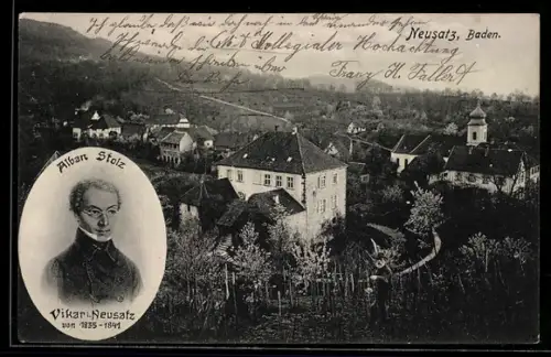 AK Neusatz / Baden, Gesamtansicht, Portrait von Vikar Alban Stolz