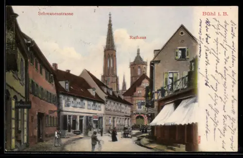 AK Bühl i. B., Partie in der Schwanenstrasse mit Rathaus