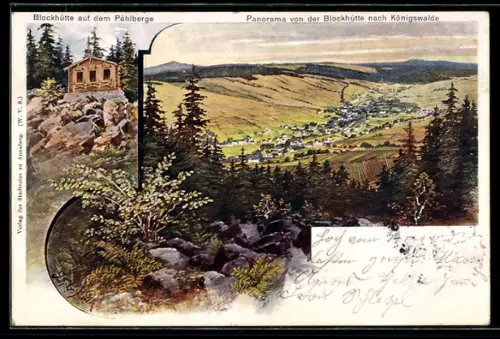 Künstler-AK Königswalde, Blockhütte auf dem Pöhlberg, Panorama von der Blockhütte aus