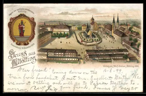 Lithographie Altötting, Wappen mit Heiliger Maria, Teilansicht mit Kirche aus der Vogelschau