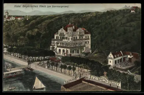 Lithographie Leoni /Starnbergersee, Hotel Bayerisches Haus aus der Vogelschau mit Umgebung, Inh. Familie Zenz