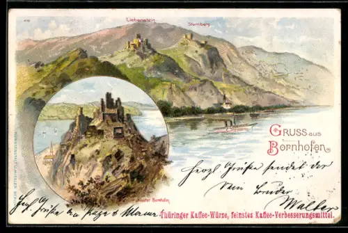 Lithographie Bornhofen, Kloster Bornhofen, Teilansicht mit Liebenstein u. Sternberg