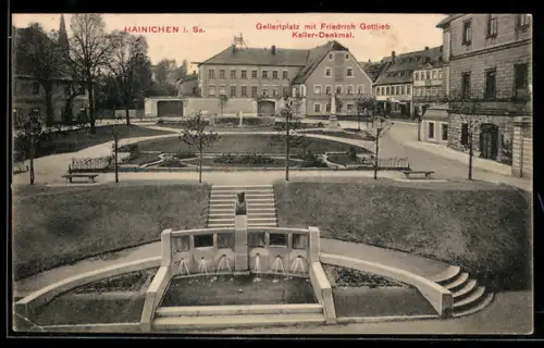 AK Hainichen i. Sa., Gellertplatz mit Friedrich Gottlieb Keller-Denkmal und Parkanlage