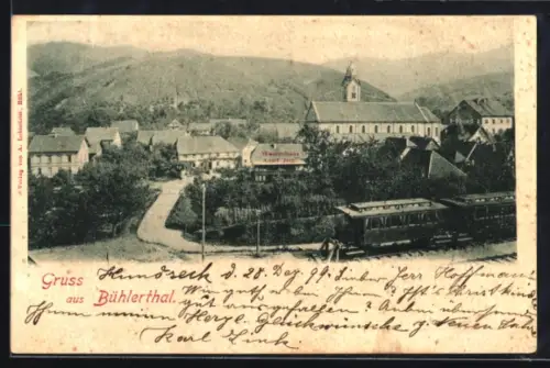 AK Bühlerthal, Ortsansicht mit Kirche und Eisenbahn