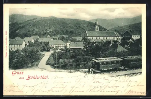 AK Bühlerthal, Dorf mit Kirche und Eisenbahn