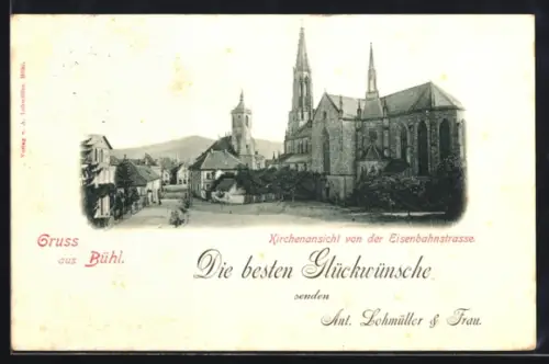 AK Bühl, Kirchenansicht von der Eisenbahnstrasse