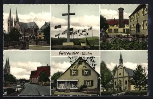 AK Ottersweier /Baden, Kirche, Kreuz mit Fahnen, Haus mit Ladengeschäft