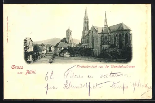 AK Bühl, Kirchenansicht von der Eisenbahnstrasse