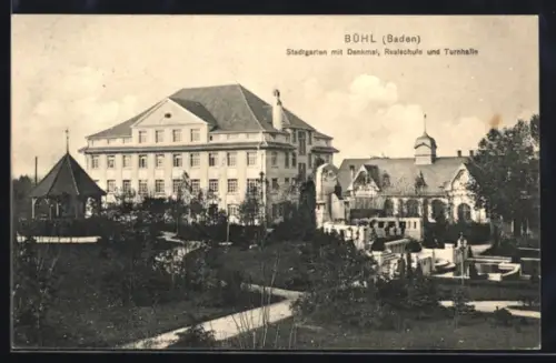 AK Bühl /Baden, Stadtgarten mit Denkmal, Realschule und Turnhalle