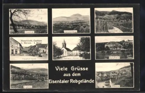 AK Eisental, Rathaus u. Kirche, Gasthaus z. Sternen, Inh. I. Bauer, Eisentaler Rebgelände