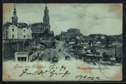 Mondschein-AK Dresden, Dampfschifflandungssplatz, Brühlsche Terrassen