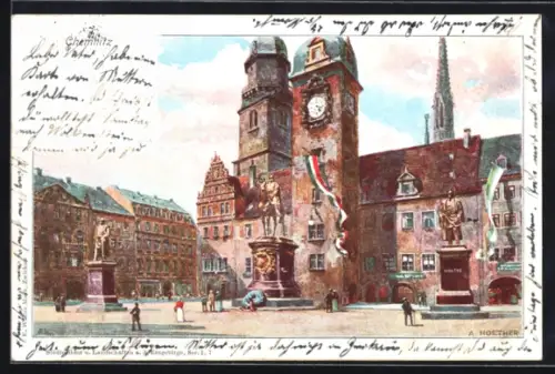 Künstler-AK Chemnitz, Marktplatz mit Rathaus, Brunnen und Denkmälern