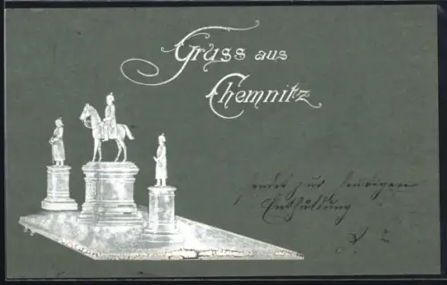 Präge-AK Chemnitz, Reiterdenkmal mit zwei flankierenden Standfiguren