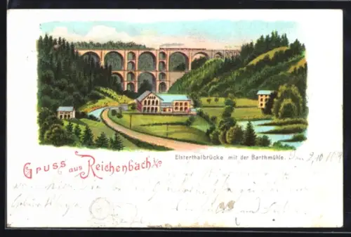 Lithographie Reichenbach i. V., Eisenbahnbrücke mit der Barthmühle