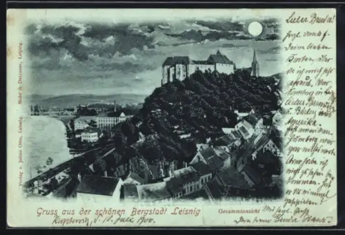 Mondschein-AK Leisnig, Gesamtansicht der Bergstadt mit Burg und Kirche