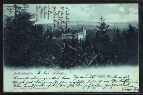 Mondschein-AK Reiboldsgrün, Gebäude in Waldlandschaft