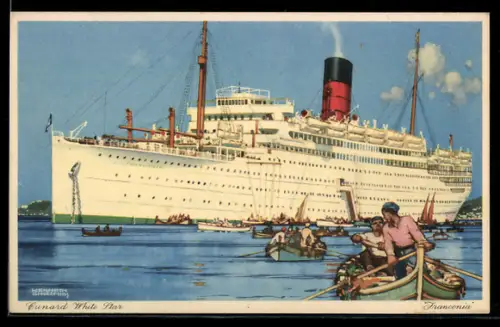 AK Passagierschiff Franconia der Cunard White Star vor Anker, Passagiere fahren in Motorbooten ans Ufer