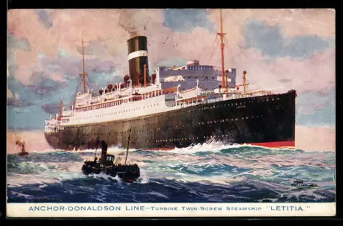 Künstler-AK Passagierschiff T.S.S. Letitia der Anchor-Donaldson-Line bei der Hafenausfahrt