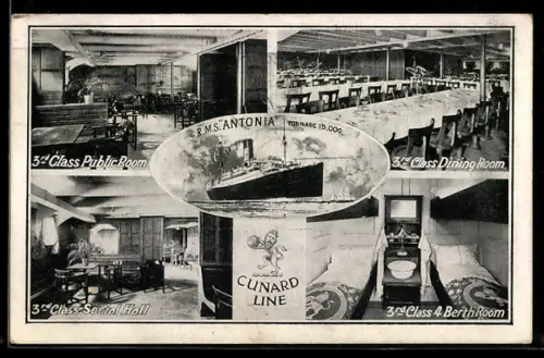 AK Passagierschiff R.M.S. Antonia, Dining Room, 4 Berth Room, Social Hall, Public Room