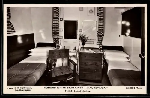 AK Cunard White Star Liner Mauretania, Third Class Cabin, Passagierschiff