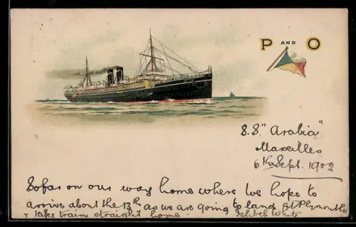Lithographie Passagierschiff der P. and O. Line auf hoher See, Reederei-Fahne