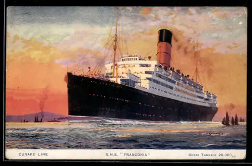 Künstler-AK Britisches Passagierschiff R.M.S. Franconia der Cunard Line in der Abenddämmerung