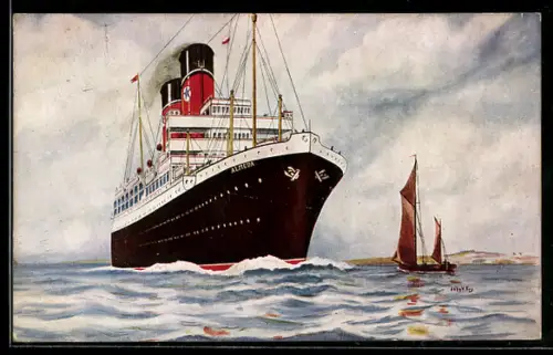 Künstler-AK Passagierschiff Almeda in Fahrt auf See, daneben Lugger