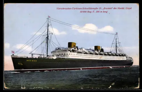 AK Vierschrauben-Turbinen-Schnelldampfer Bremen des Nordd. Lloyd, Passagierschiff