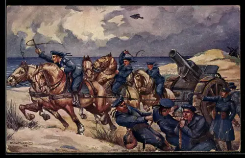 Künstler-AK Instellungbringen eines schweren Geschützes durch Matrosenartillerie in den flandrischen Dünen