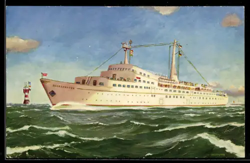 Künstler-AK Passagierschiff Bremerhaven den Leuchtturm Roter Sand passierend