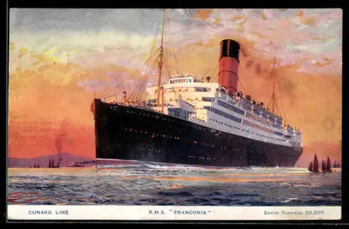 Künstler-AK Britisches Passagierschiff R.M.S. Franconia der Cunard Line in der Abenddämmerung